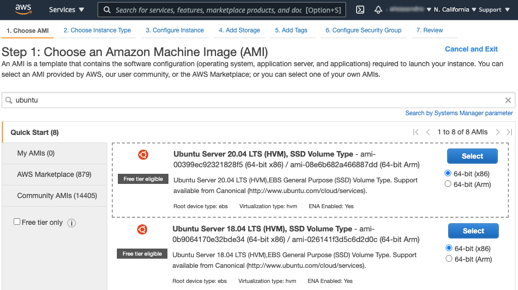 Screenshot of 'Step 1' page in Amazon EC2 instance-creation wizard